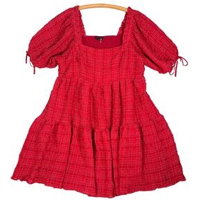 English Factory Smocked Dress Size 2X Red Plaid Square Neck Tiered Puff Sleeve